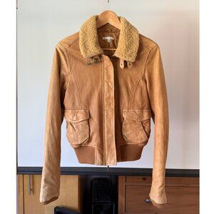 Vince Leather Jacket with Shearling Collar, Size L (Runs Small)